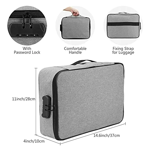 AHXNBDR Safe Document Organizer Box with Handle for Home Office, File Organizer Bag with Lock, Portable Document Storage Bags, Multi-Layer Important File case for Travel Passport, Certificates, Grey