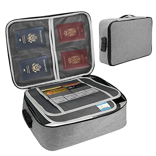 AHXNBDR Safe Document Organizer Box with Handle for Home Office, File Organizer Bag with Lock, Portable Document Storage Bags, Multi-Layer Important File case for Travel Passport, Certificates, Grey