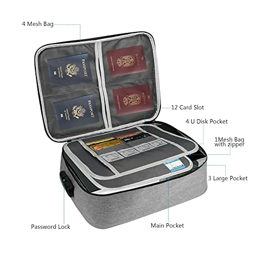 AHXNBDR Safe Document Organizer Box with Handle for Home Office, File Organizer Bag with Lock, Portable Document Storage Bags, Multi-Layer Important File case for Travel Passport, Certificates, Grey