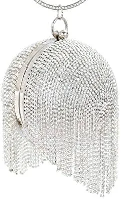 Ball Shape Ring Handle Fringe Diamante Evening Bag
