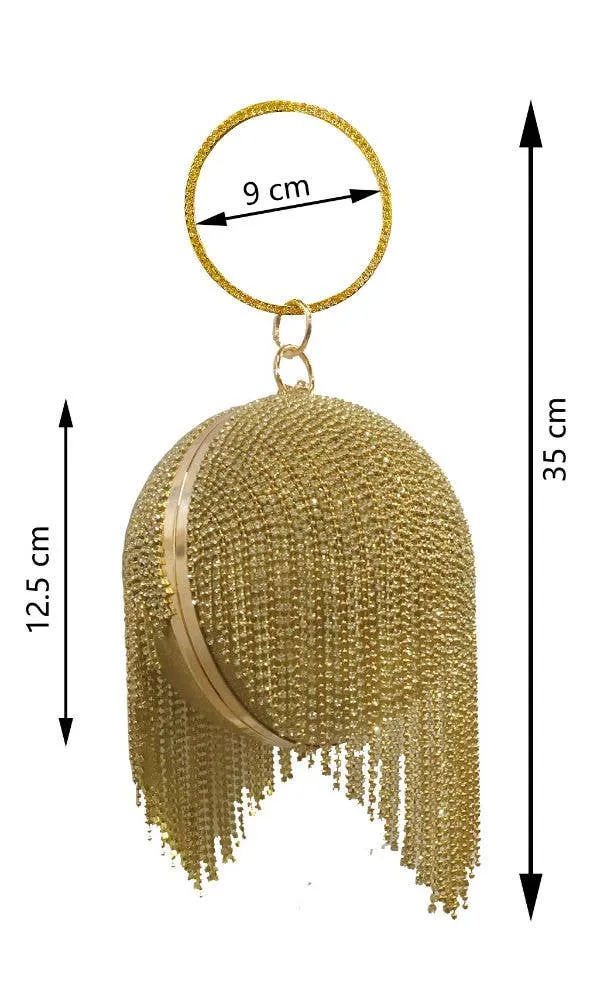 Ball Shape Ring Handle Fringe Diamante Evening Bag
