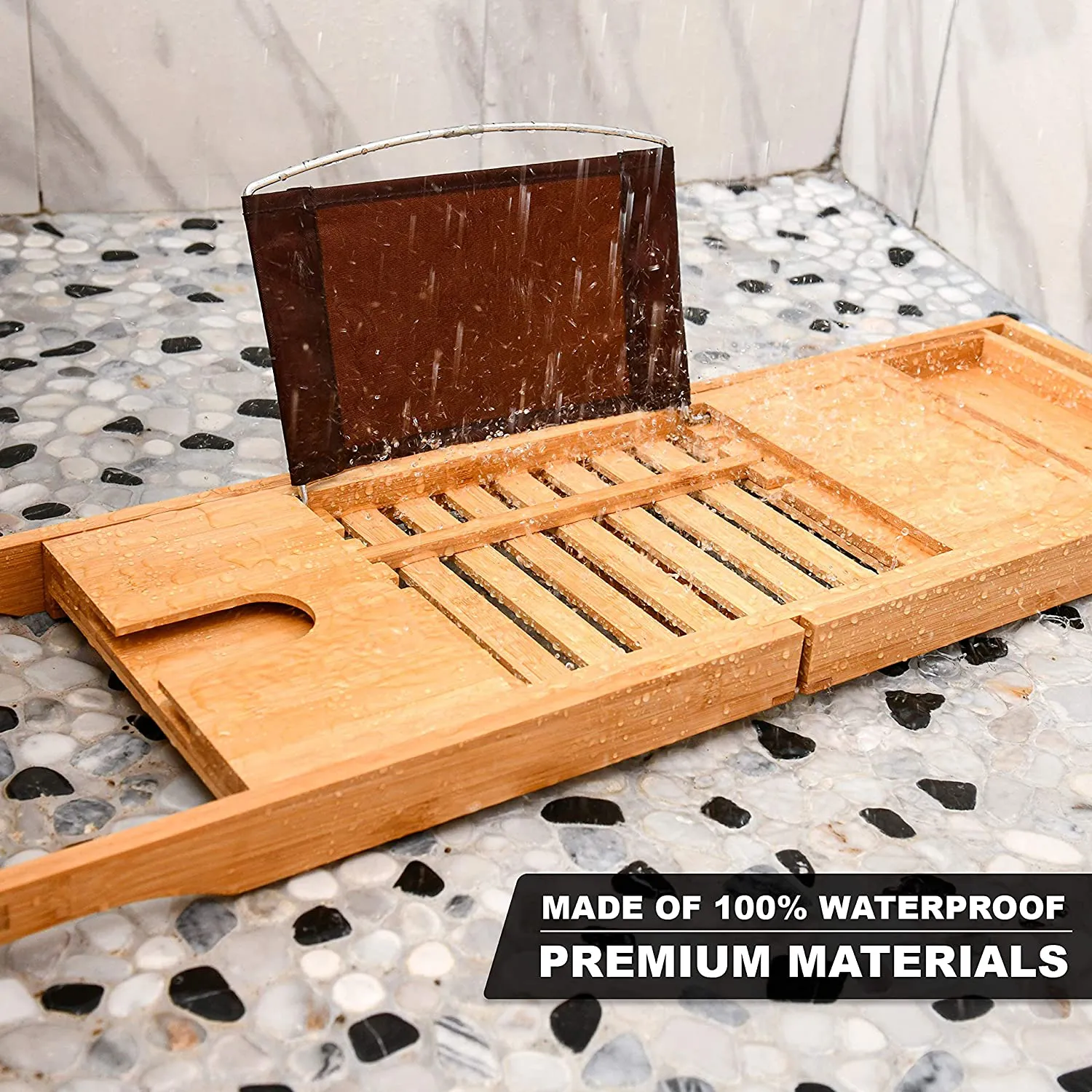 Bamboo Bathtub Tray - Perfect Expandable Bathtub Caddy with Reading Rack or Tablet Holder, This Premium Bath Tray Includes a Wine Glass Holder