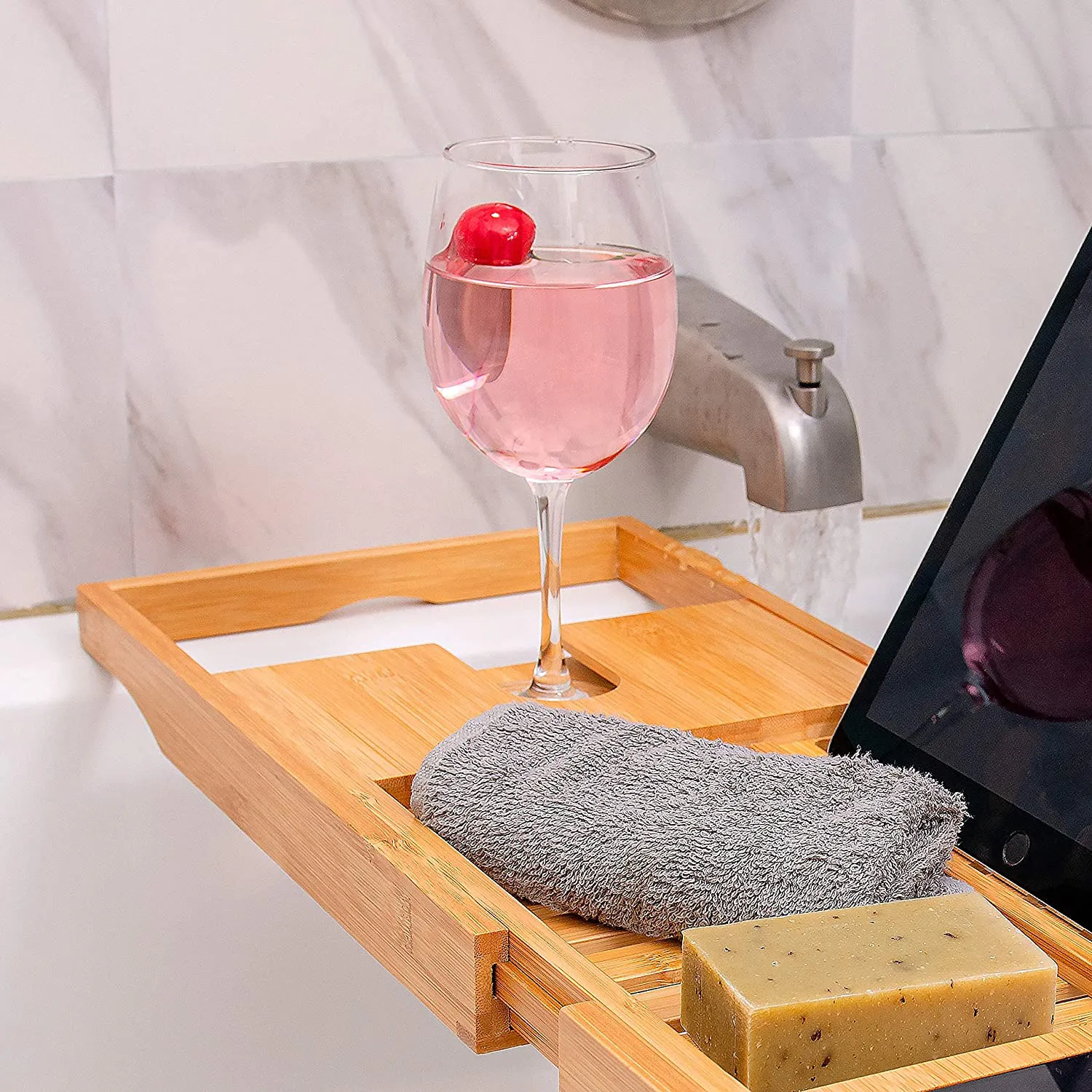 Bamboo Bathtub Tray - Perfect Expandable Bathtub Caddy with Reading Rack or Tablet Holder, This Premium Bath Tray Includes a Wine Glass Holder