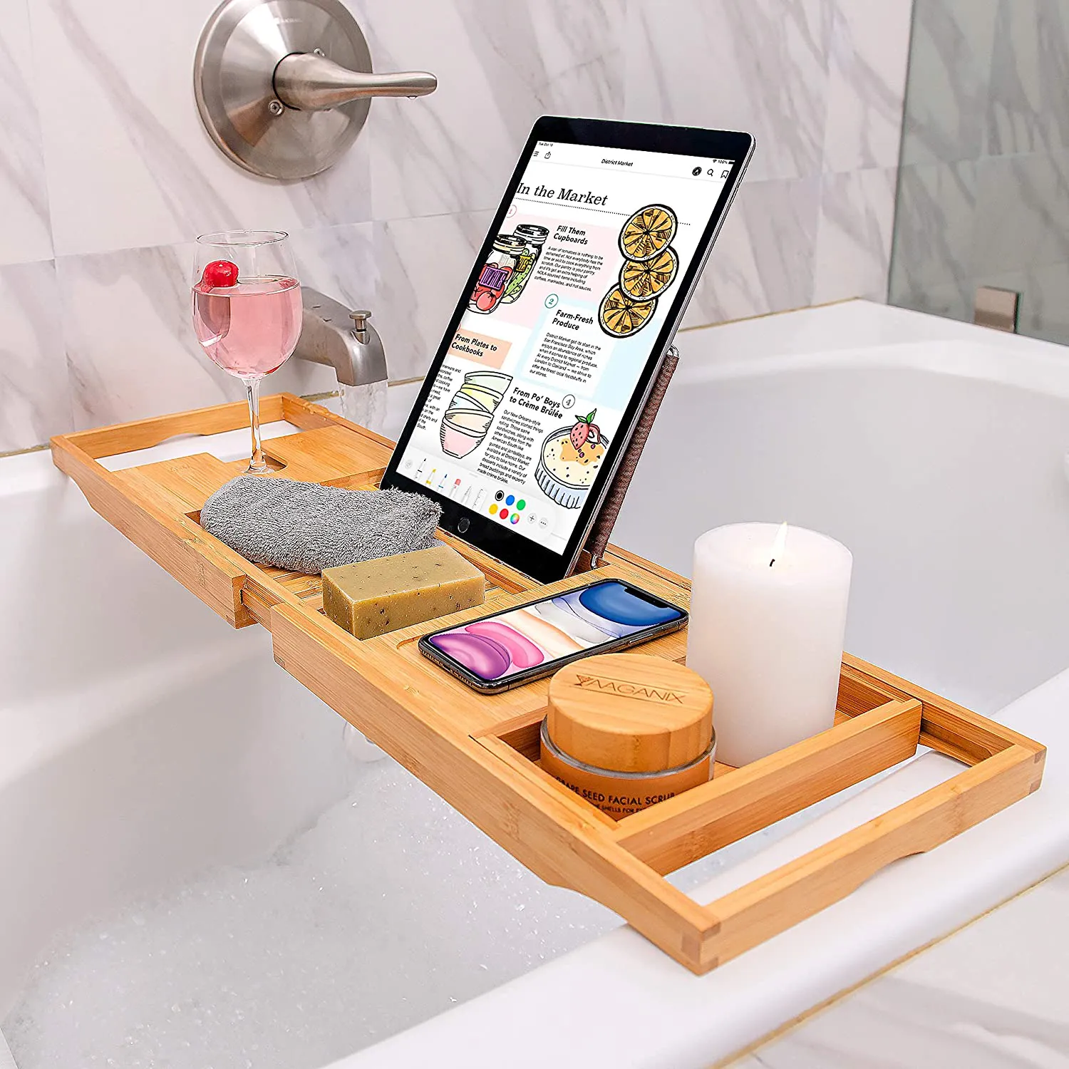 Bamboo Bathtub Tray - Perfect Expandable Bathtub Caddy with Reading Rack or Tablet Holder, This Premium Bath Tray Includes a Wine Glass Holder