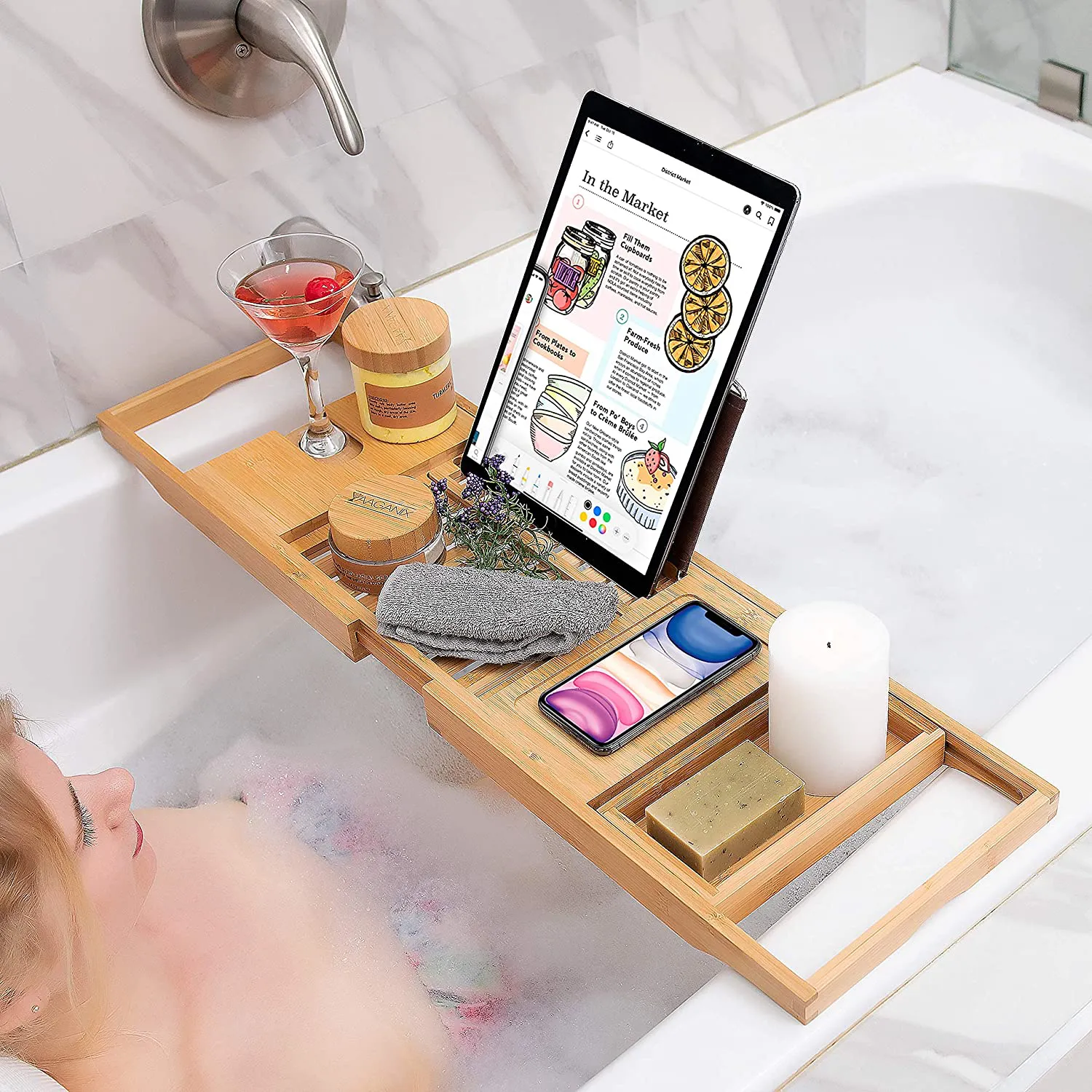 Bamboo Bathtub Tray - Perfect Expandable Bathtub Caddy with Reading Rack or Tablet Holder, This Premium Bath Tray Includes a Wine Glass Holder