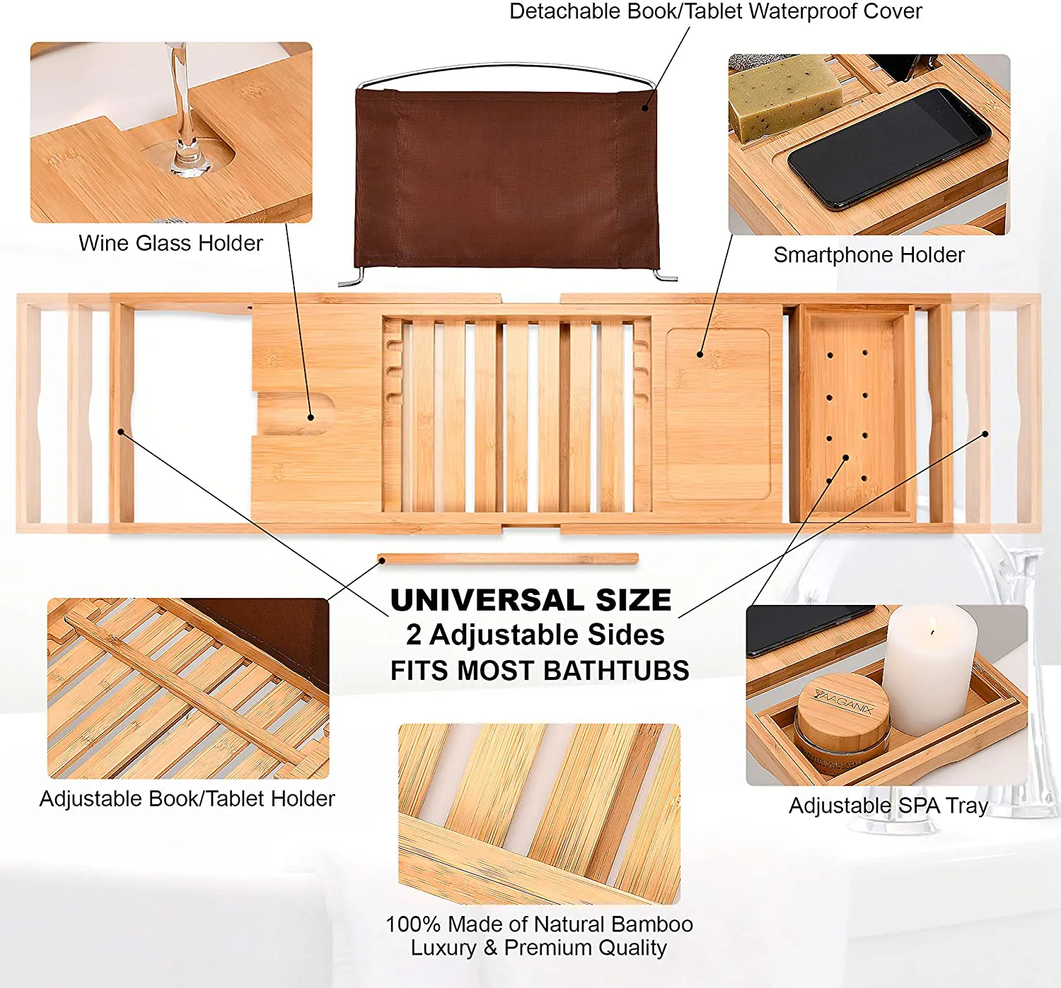 Bamboo Bathtub Tray - Perfect Expandable Bathtub Caddy with Reading Rack or Tablet Holder, This Premium Bath Tray Includes a Wine Glass Holder