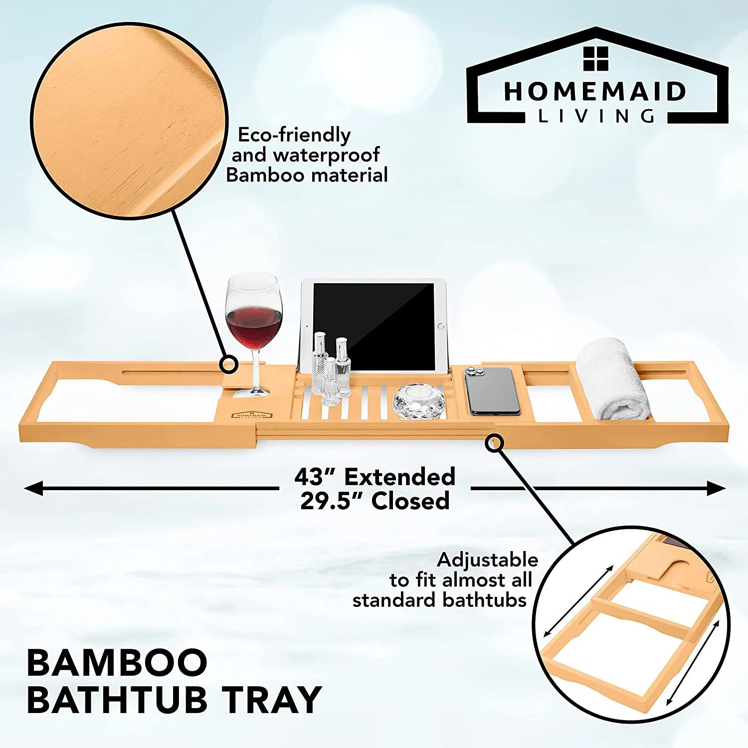 Bamboo Bathtub Tray - Perfect Expandable Bathtub Caddy with Reading Rack or Tablet Holder, This Premium Bath Tray Includes a Wine Glass Holder