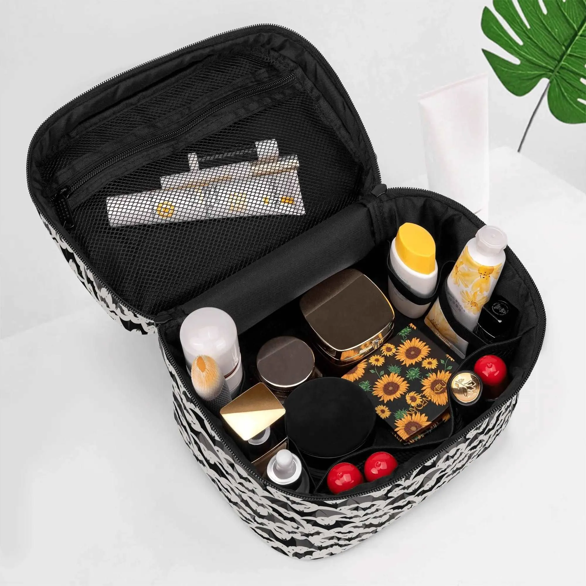 Black and White Bats Leather Cosmetic Bag