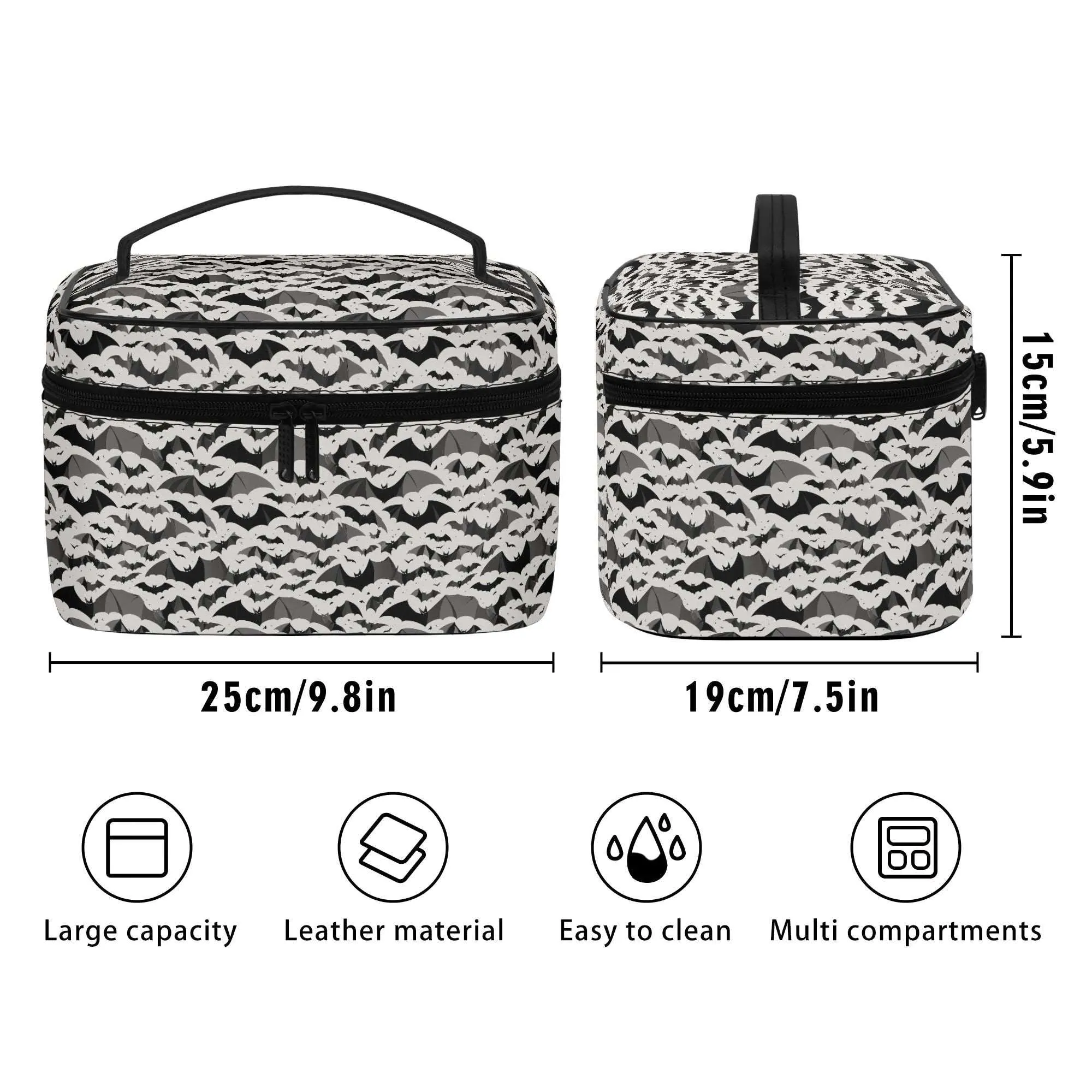 Black and White Bats Leather Cosmetic Bag