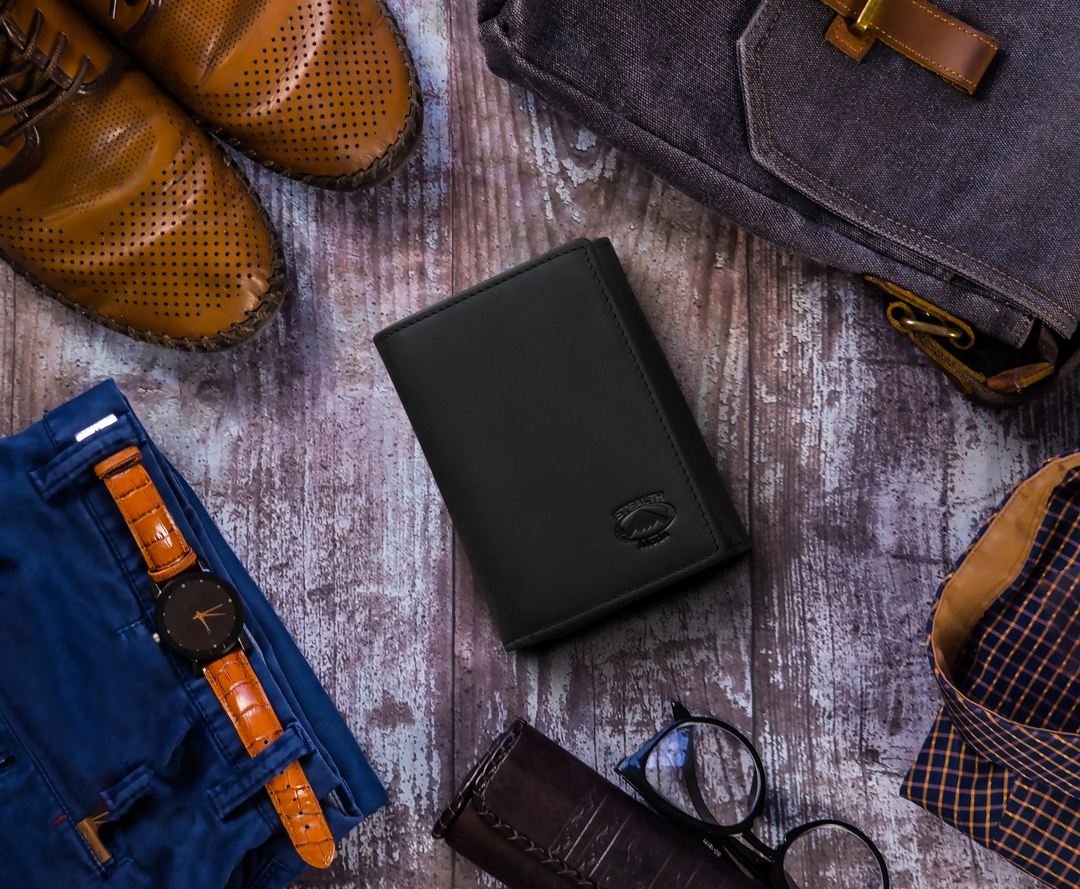 Black Trifold Leather Wallet With RFID Blocking and ID Window