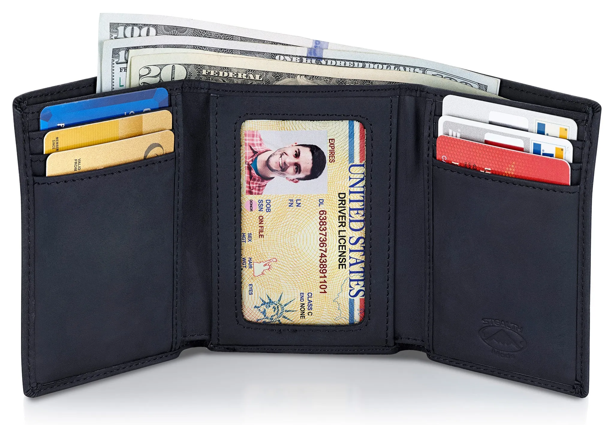 Black Trifold Leather Wallet With RFID Blocking and ID Window