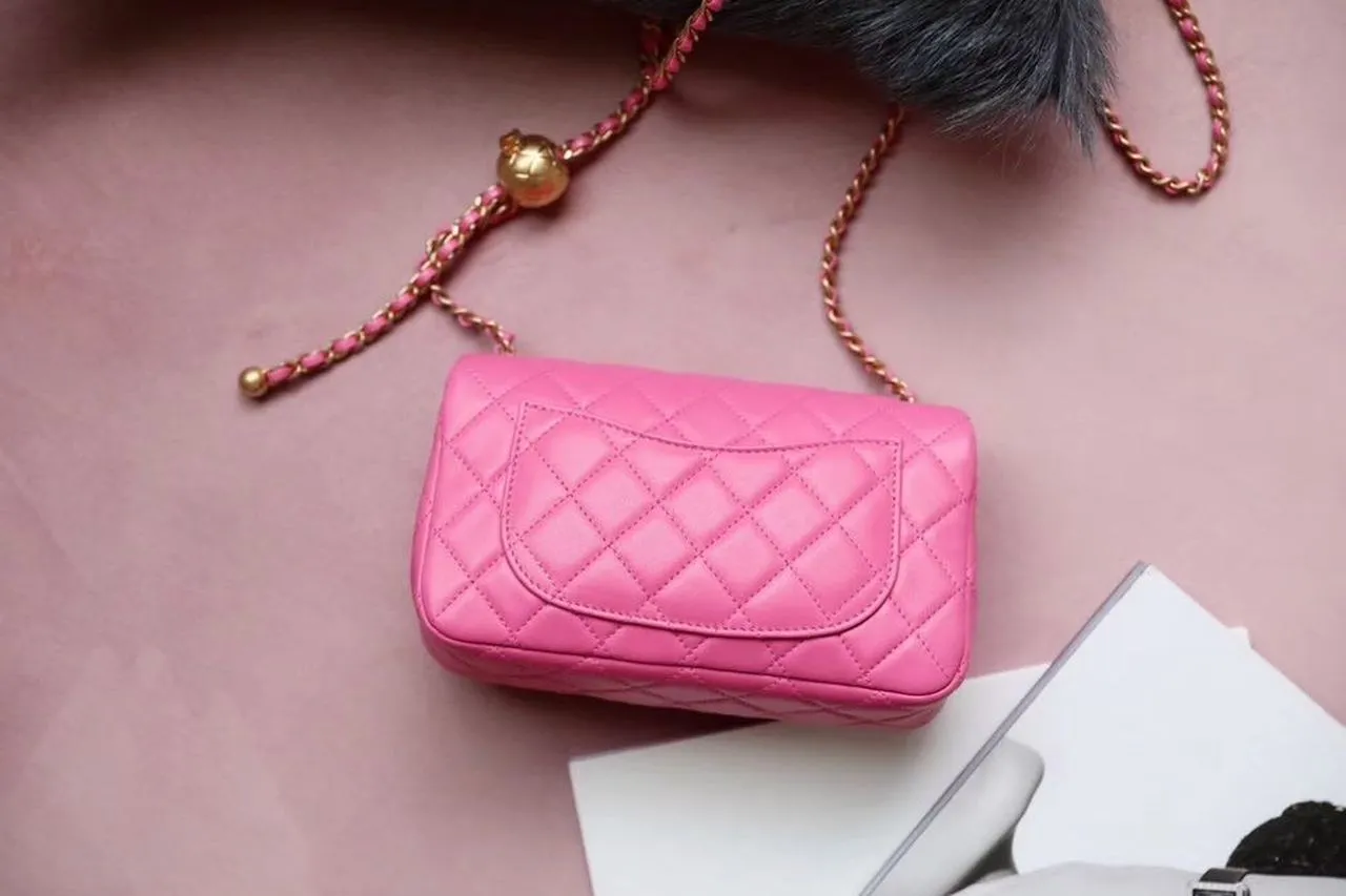 CHL Classic Flap With Charm Chain With CHL Ball On Strap Bag 20cm Gold Toned Hardware Lambskin Leather Spring/Summer Collection, Pink