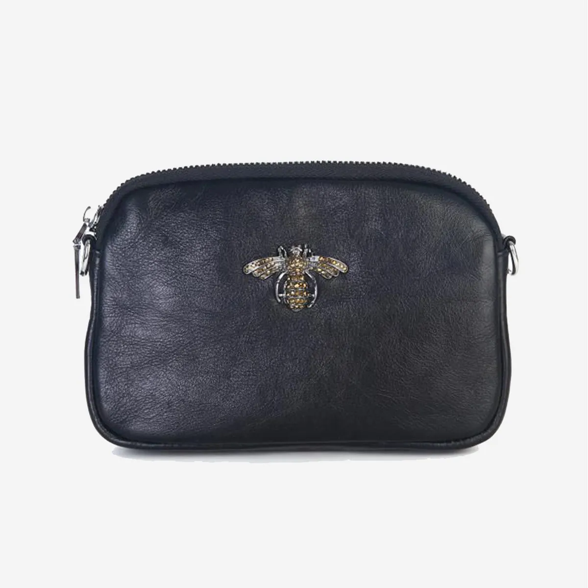 CRYSTAL LEATHER BEE BAG IN BLACK