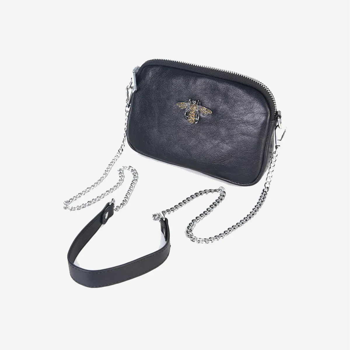 CRYSTAL LEATHER BEE BAG IN BLACK