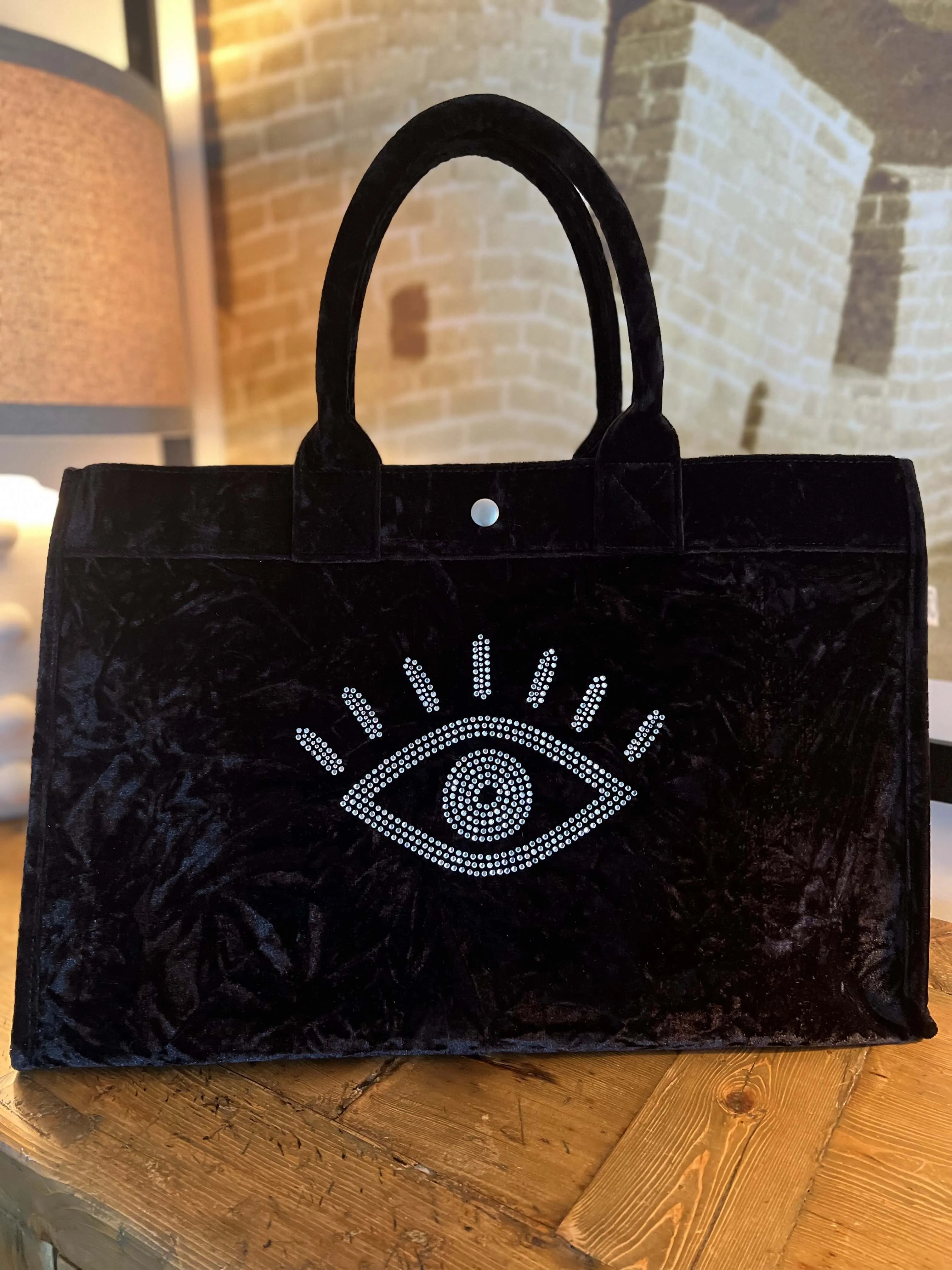 East West Bag: Black Crushed Velvet with Silver Crystal Evil Eye