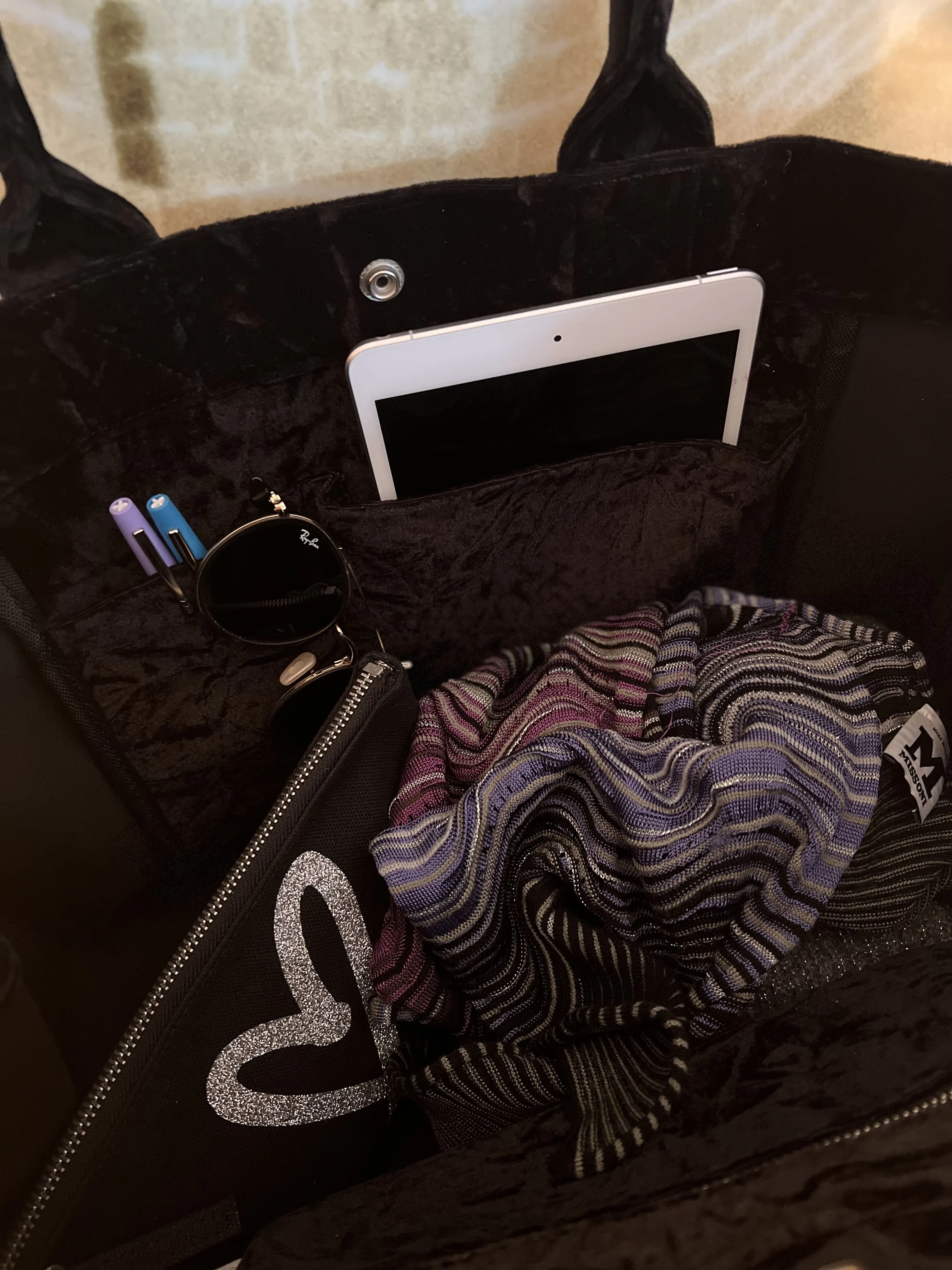 East West Bag: Black Crushed Velvet with Silver Crystal Evil Eye