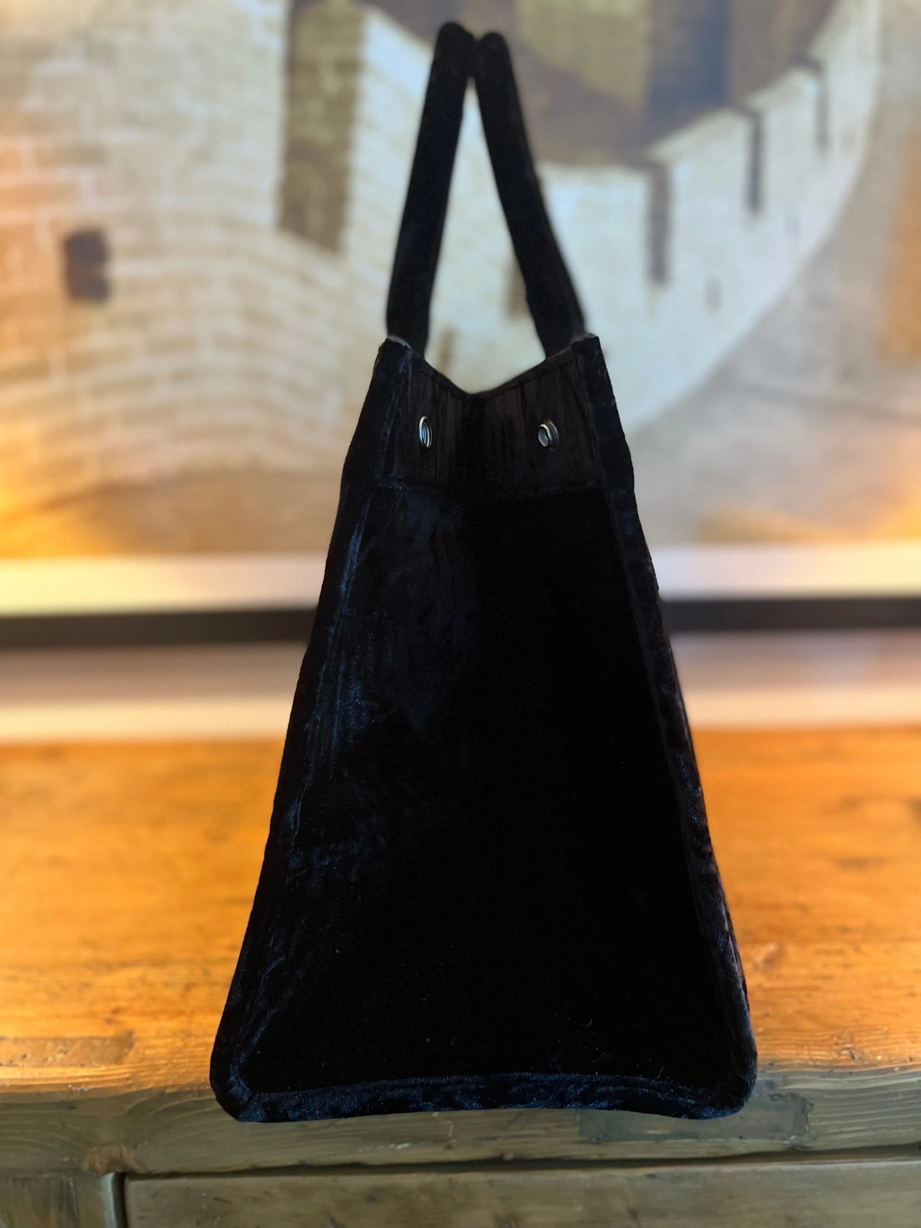 East West Bag: Black Crushed Velvet with Silver Crystal Evil Eye