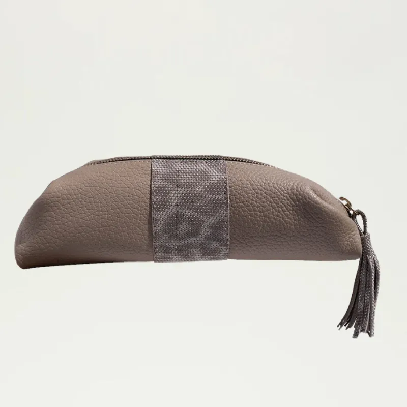 Large Cosmetic Pouch | Taupe Leather   Safari Stripe "The Gloria"