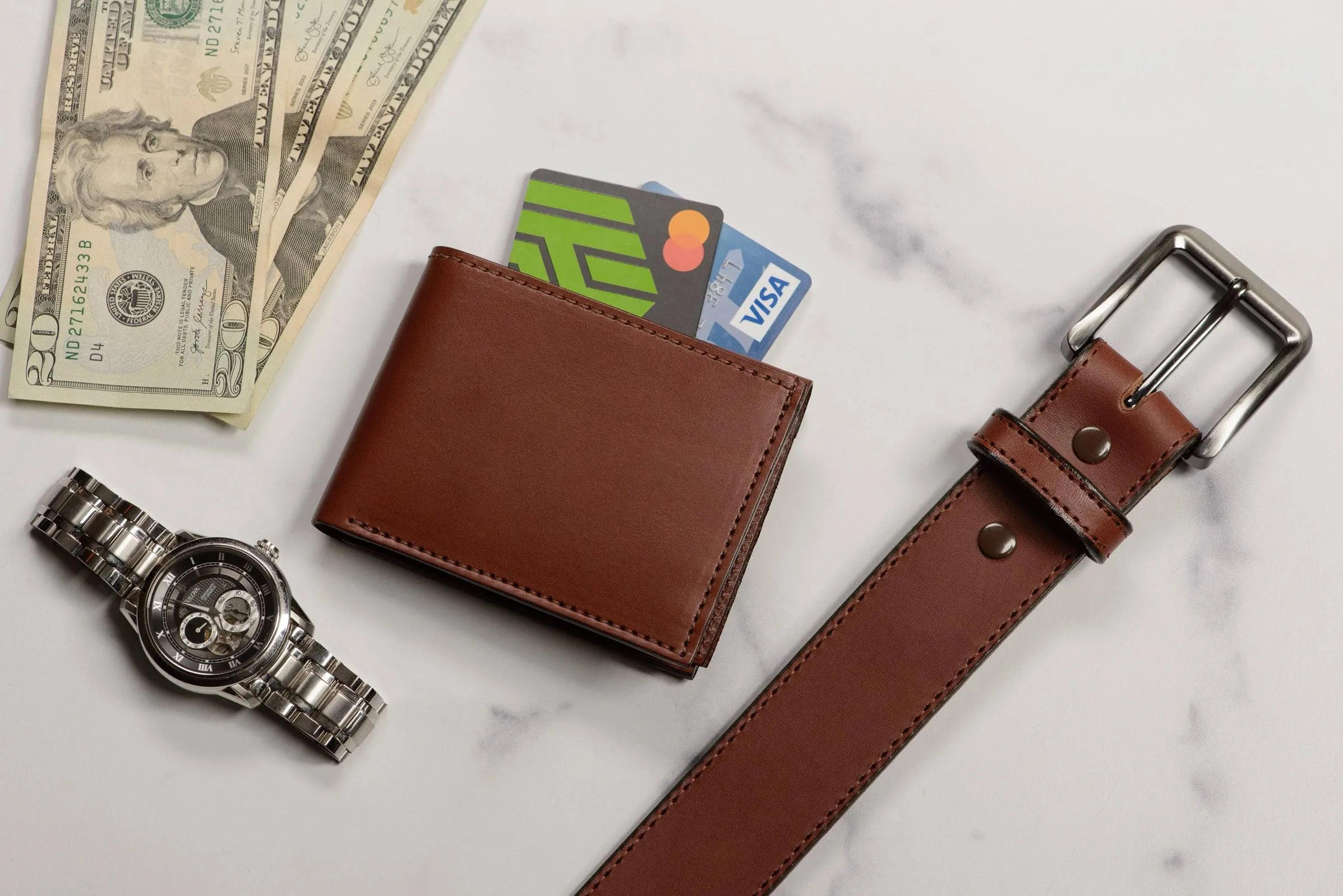 Medium Brown Premium Leather Bifold Wallet With Flip Up ID Window
