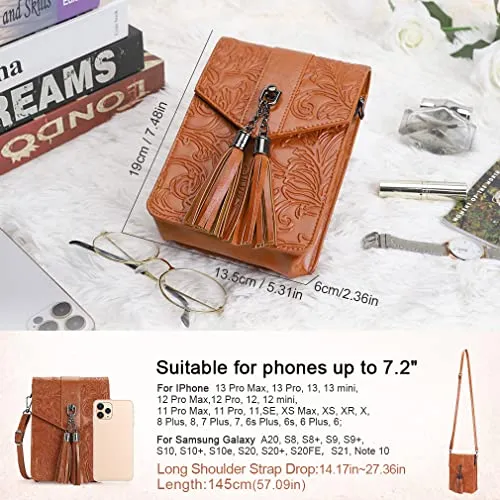 MEITRUE Women Phone Purse Bag Small Crossbody Bags Ladies Mini Cell phone Purse Wallet Tassels Embossed Bag for Girls (0-Brown)