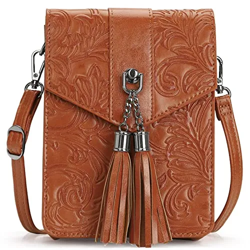 MEITRUE Women Phone Purse Bag Small Crossbody Bags Ladies Mini Cell phone Purse Wallet Tassels Embossed Bag for Girls (0-Brown)