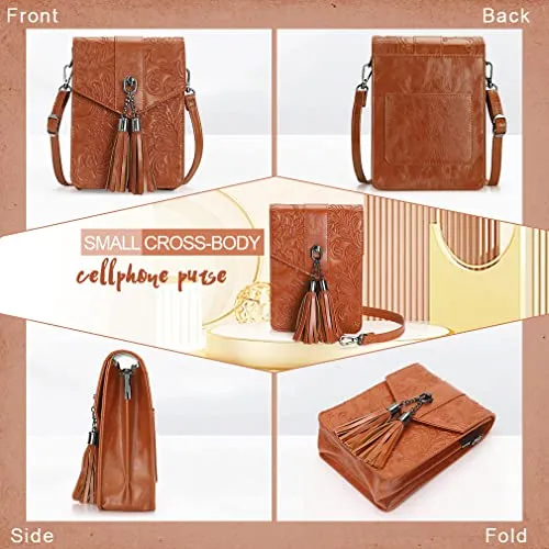 MEITRUE Women Phone Purse Bag Small Crossbody Bags Ladies Mini Cell phone Purse Wallet Tassels Embossed Bag for Girls (0-Brown)
