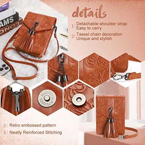 MEITRUE Women Phone Purse Bag Small Crossbody Bags Ladies Mini Cell phone Purse Wallet Tassels Embossed Bag for Girls (0-Brown)