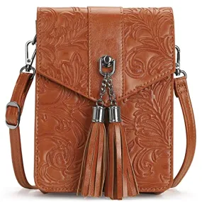 MEITRUE Women Phone Purse Bag Small Crossbody Bags Ladies Mini Cell phone Purse Wallet Tassels Embossed Bag for Girls (0-Brown)
