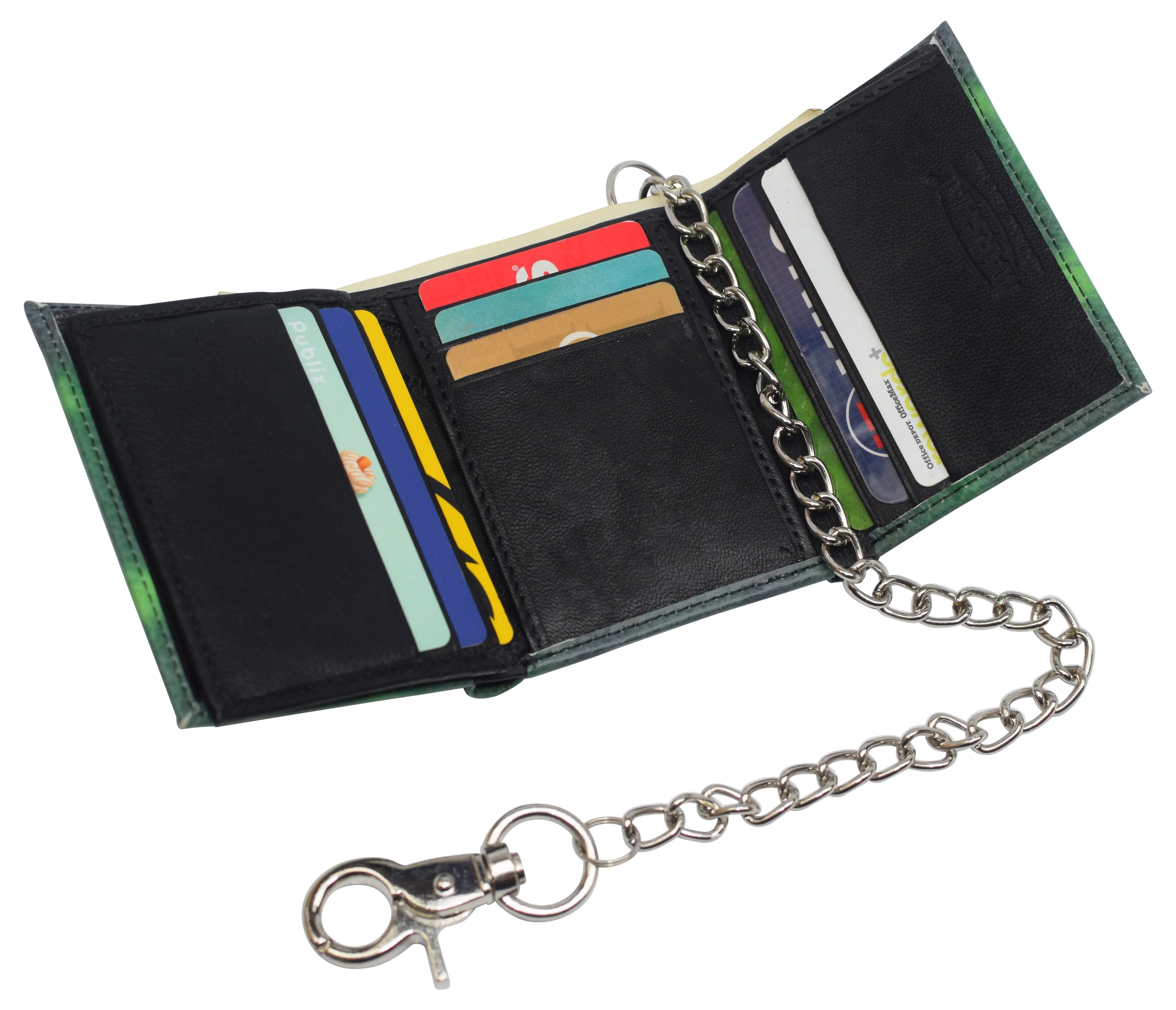 Mens Chain Biker Genuine Leather Classic Trifold Logo Wallets