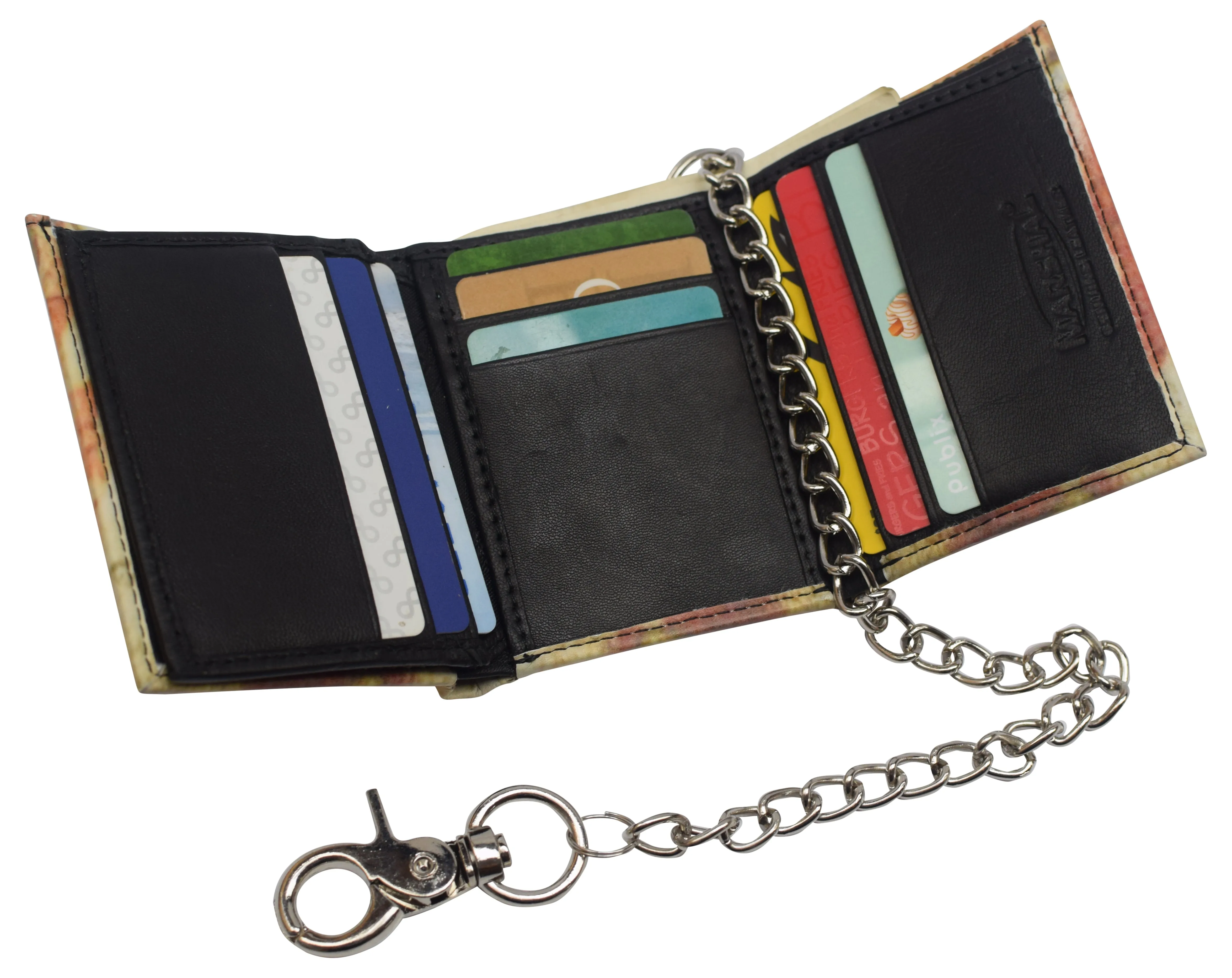 Mens Chain Biker Genuine Leather Classic Trifold Logo Wallets