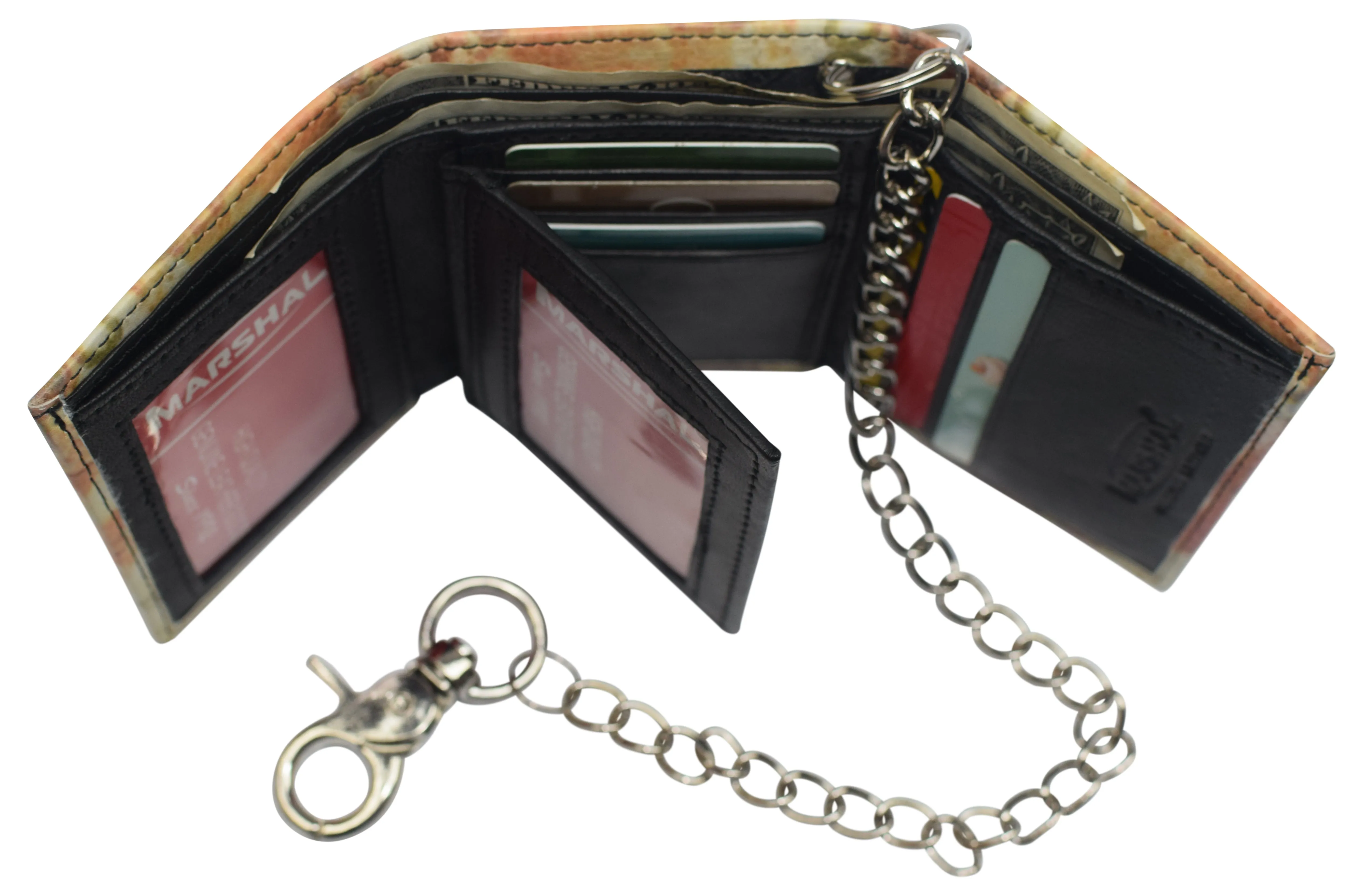 Mens Chain Biker Genuine Leather Classic Trifold Logo Wallets