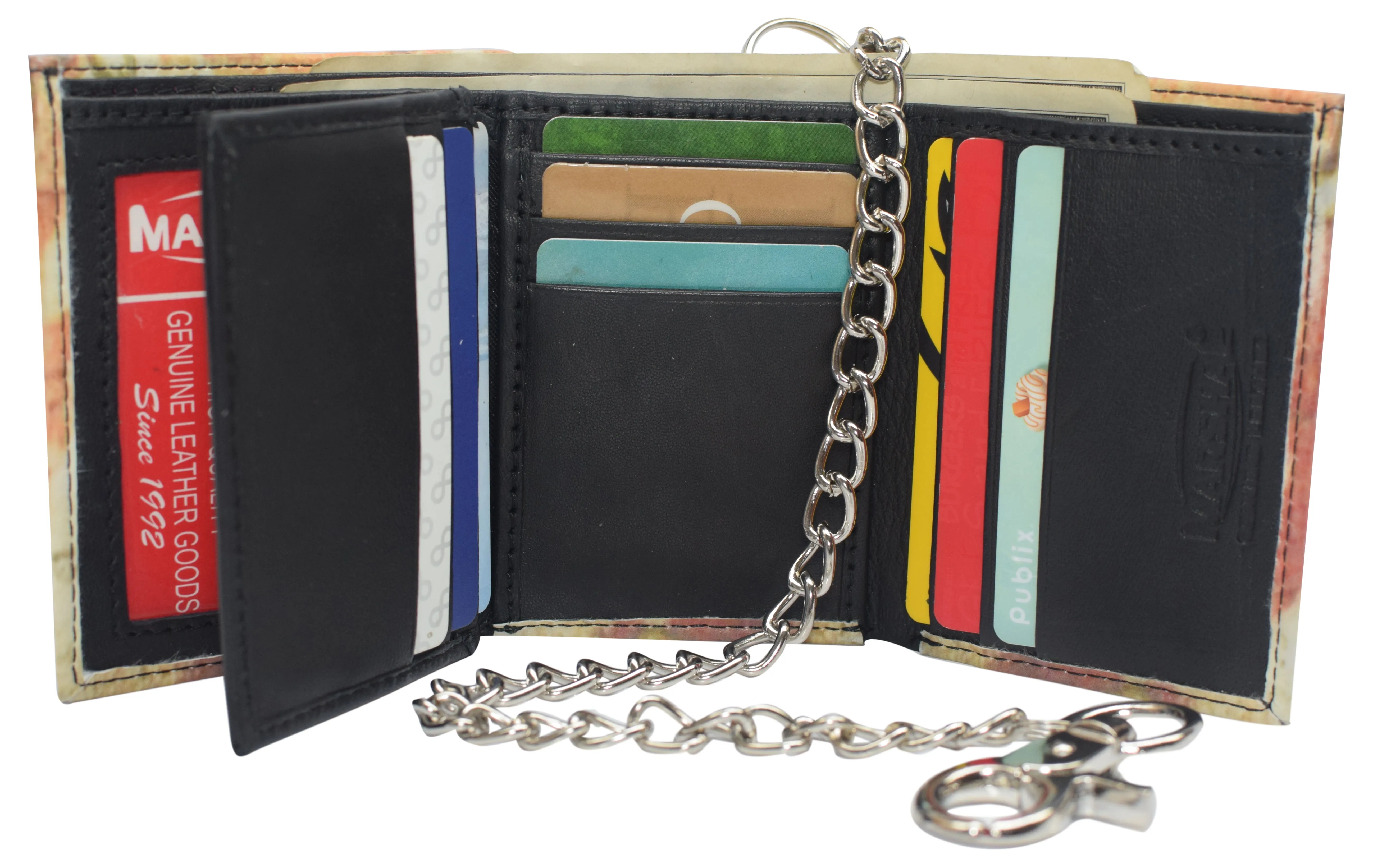 Mens Chain Biker Genuine Leather Classic Trifold Logo Wallets