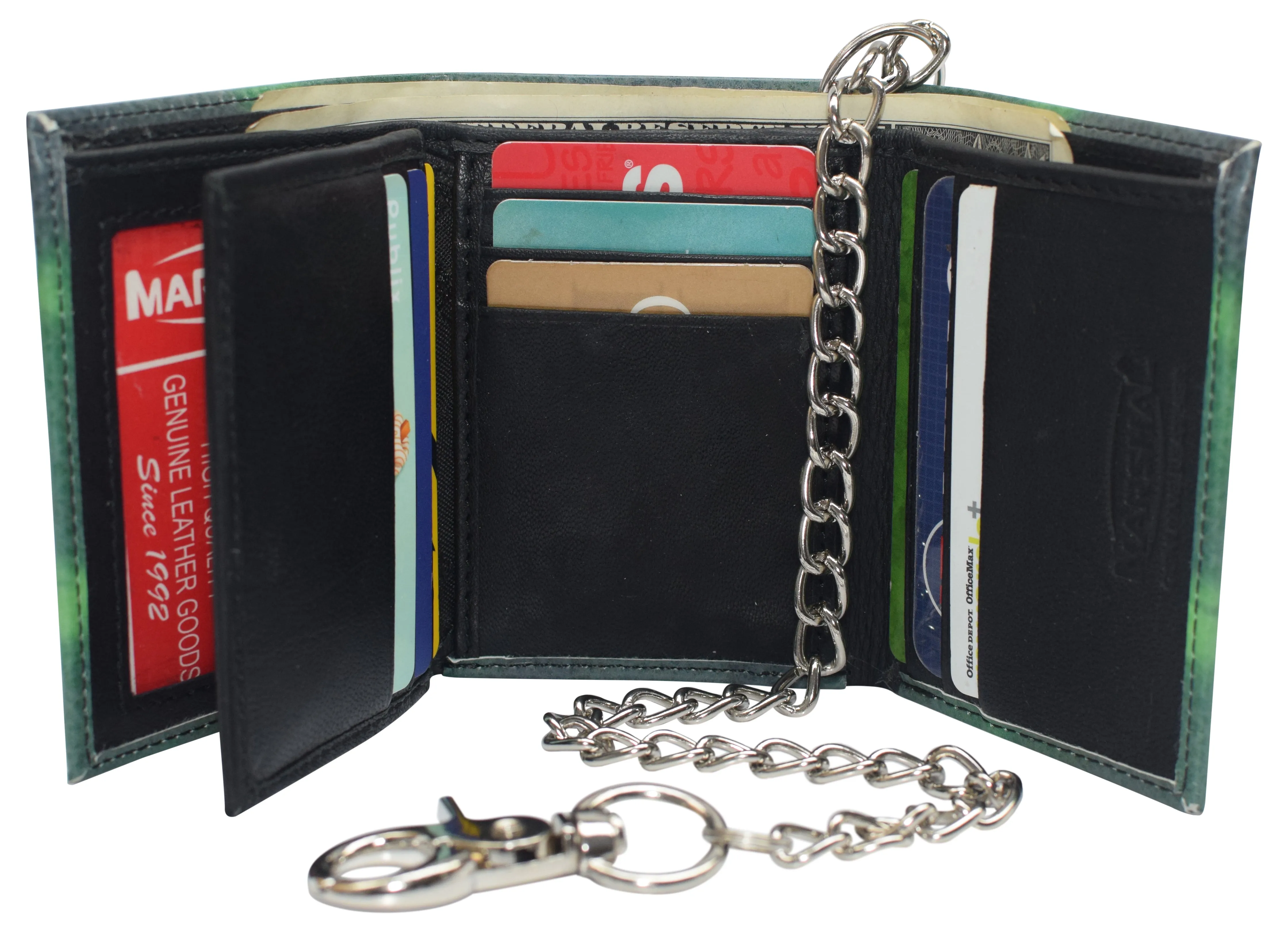Mens Chain Biker Genuine Leather Classic Trifold Logo Wallets
