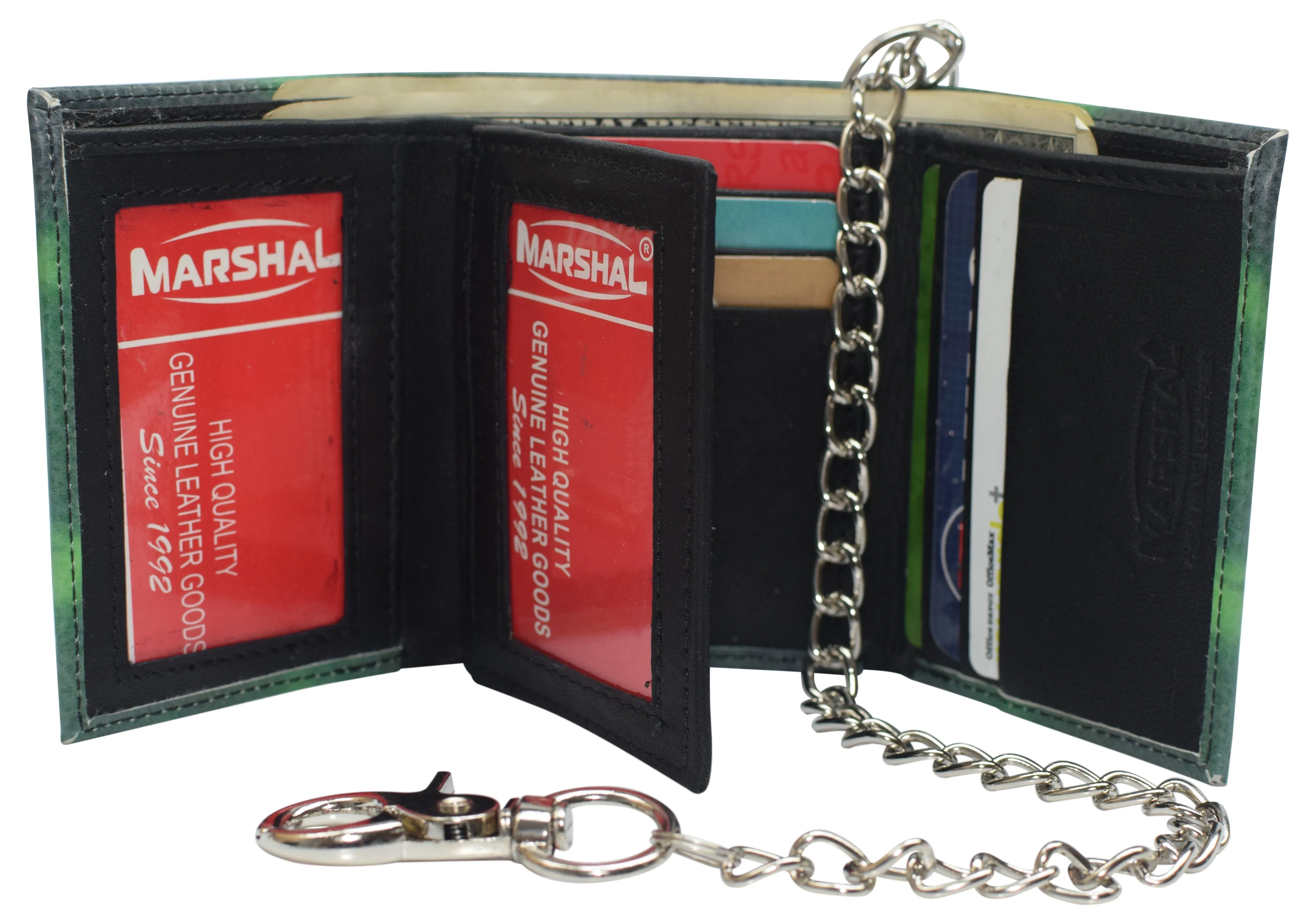 Mens Chain Biker Genuine Leather Classic Trifold Logo Wallets