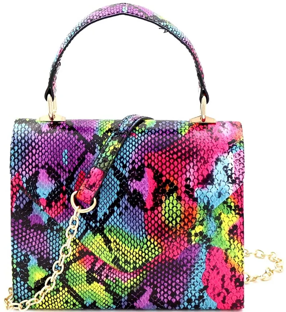 Mini Retro Rainbow Metallic Box Flap leather Satchel Crossbody Handbag