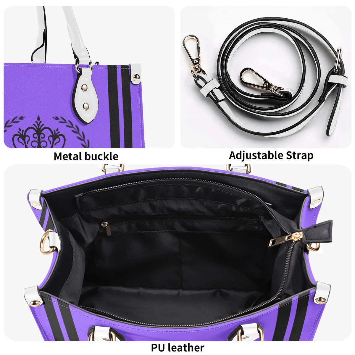 Royalty 24 Black Logo ,Stripes & Purple Multiple Sizes Upgraded Luxury Women PU Leather Handbag