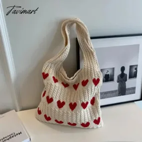 TAVIMART Large Capacity Fashion Shoulder Bag Female Woven Heart Casual  Handbag Harajuku Style Fresh High Quality Shopping Bag