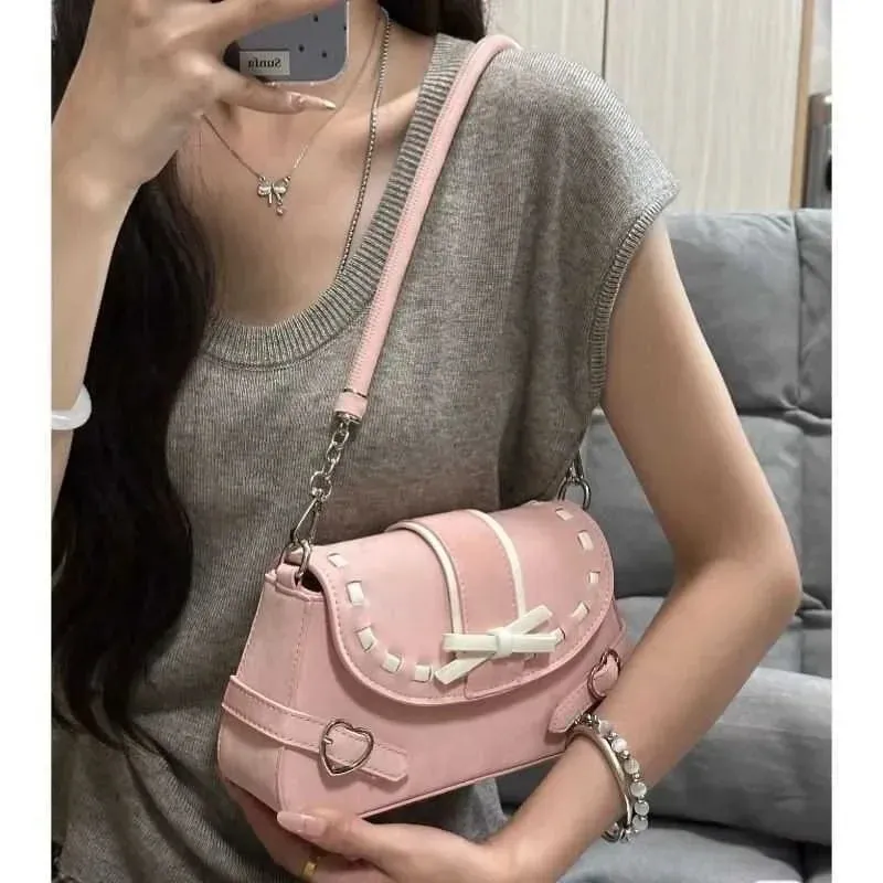 TAVIMART  -  Pink Y2k Womens Shoulder Bag Elegant Fashion Casual Bow Sweet Handbags Exquisite Literary Korean Style New Aesthetic Bag