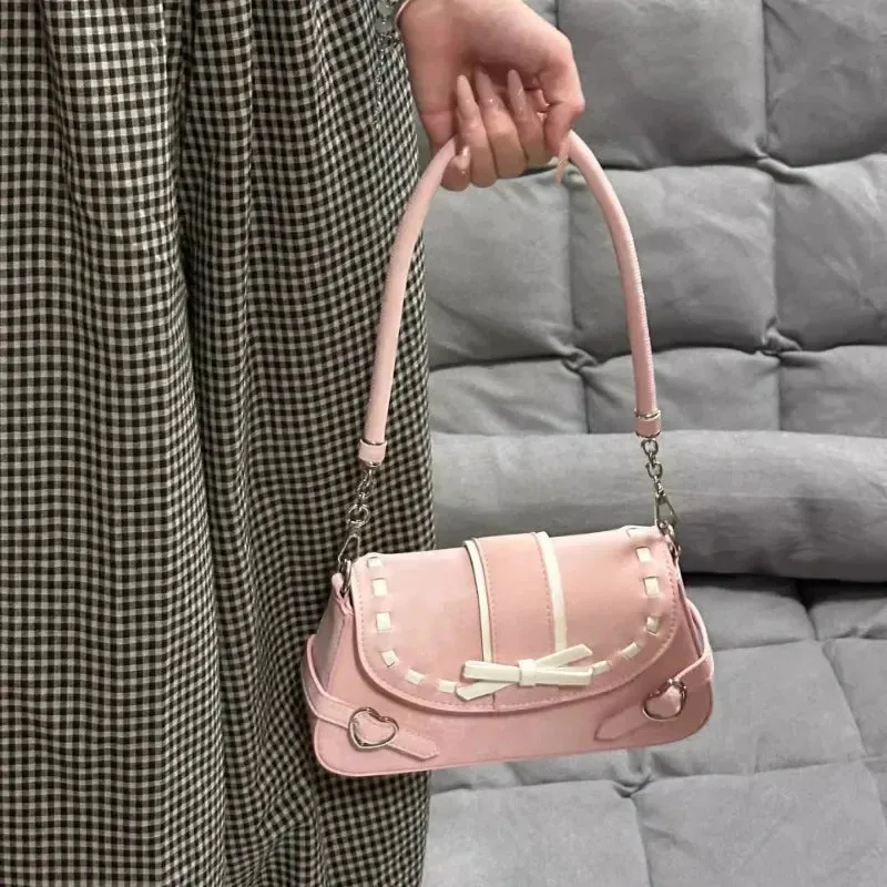 TAVIMART  -  Pink Y2k Womens Shoulder Bag Elegant Fashion Casual Bow Sweet Handbags Exquisite Literary Korean Style New Aesthetic Bag