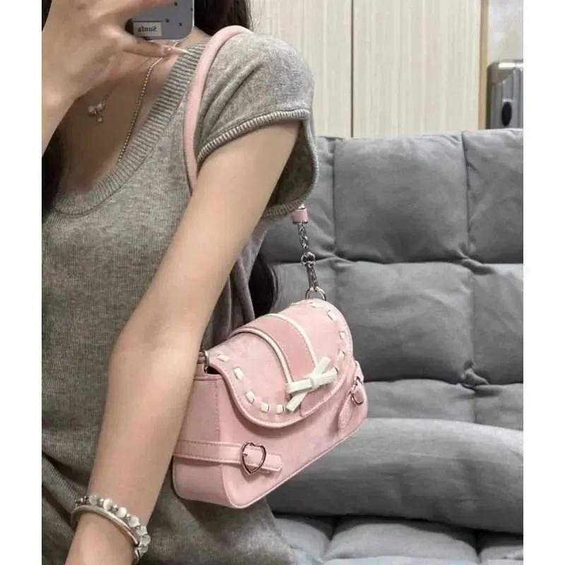 TAVIMART  -  Pink Y2k Womens Shoulder Bag Elegant Fashion Casual Bow Sweet Handbags Exquisite Literary Korean Style New Aesthetic Bag