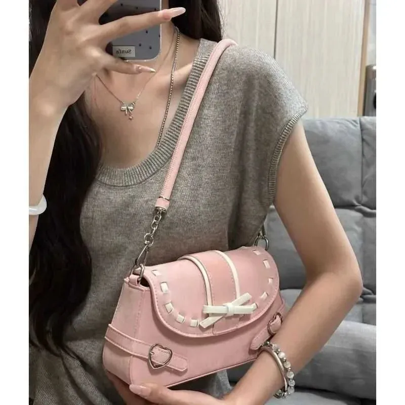 TAVIMART  -  Pink Y2k Womens Shoulder Bag Elegant Fashion Casual Bow Sweet Handbags Exquisite Literary Korean Style New Aesthetic Bag