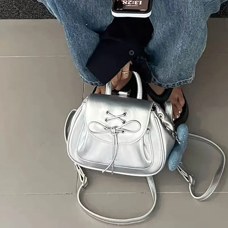 TAVIMART  -  Silver Fashion Womens Shoulder Bag College Style Vintage Small Leather Backpack Sweet Cute Summer Casual Commuter Girl Bag