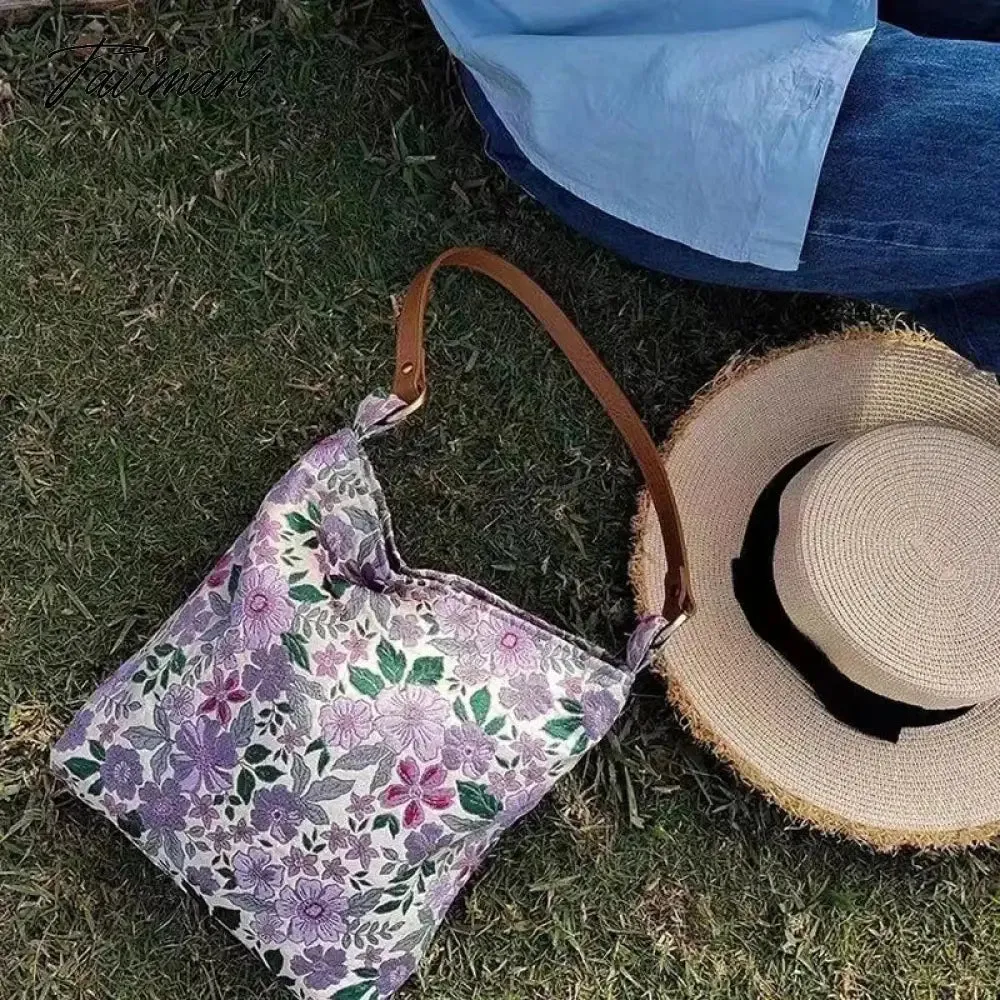 Tavimart Spring Summer Purple Exquisite Embroidery Flower Blossom PU Shoulder Strap Handbag Underarm Bags With Zipper