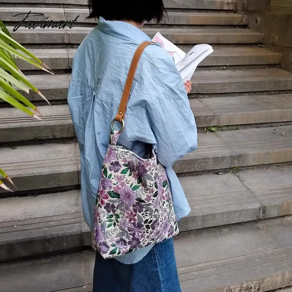 Tavimart Spring Summer Purple Exquisite Embroidery Flower Blossom PU Shoulder Strap Handbag Underarm Bags With Zipper