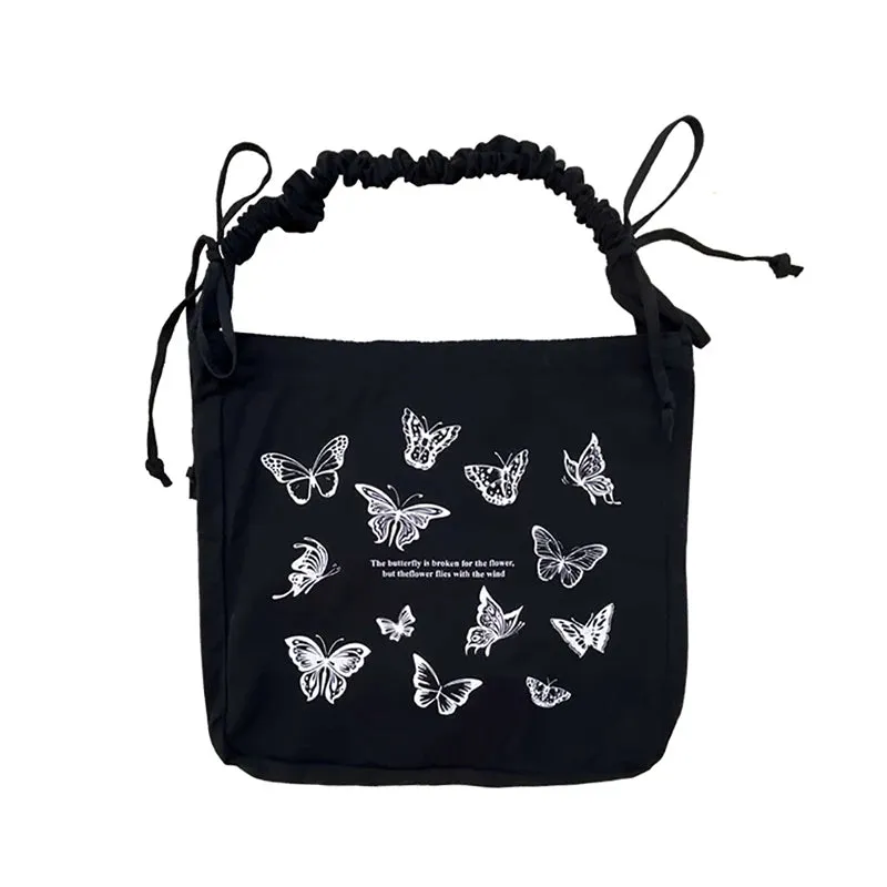 Uniwim Fashion Canvas Butterfly Print Crossbody Bag Retro Fairy Casual Shoulder Bag Korean Style Large Capacity All-match Commuter Bag