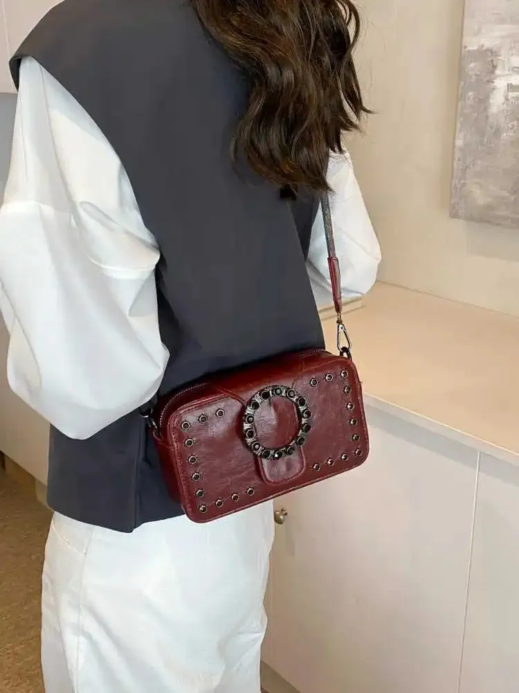 Uniwim Retro Premium Rivet Style Crossbody Bag For Women New Trendy Fashion Small Square Bag Casual Versatile Solid Color Shoulder Bag