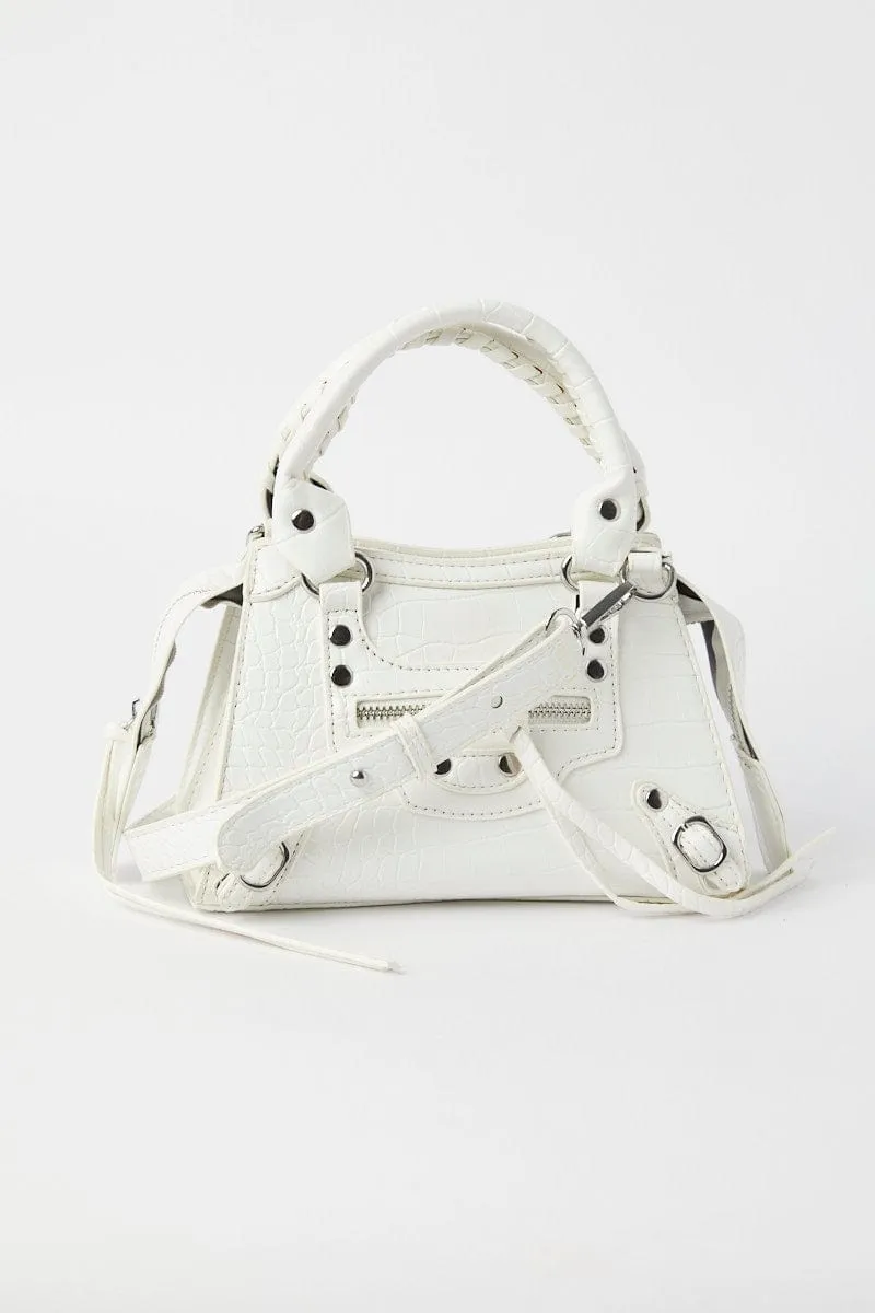 White Croc Top Handle Crossbody Bag