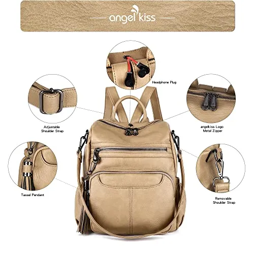 Women Bags Backpack Purse PU Leather Zipper Bags Casual Backpacks Shoulder Bags (DK8532#K273#7KHAKI)