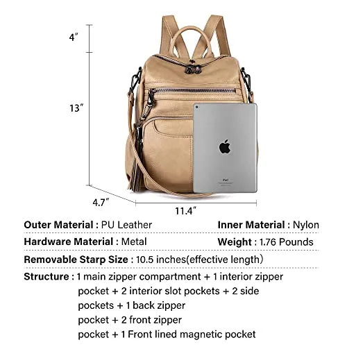 Women Bags Backpack Purse PU Leather Zipper Bags Casual Backpacks Shoulder Bags (DK8532#K273#7KHAKI)