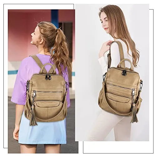 Women Bags Backpack Purse PU Leather Zipper Bags Casual Backpacks Shoulder Bags (DK8532#K273#7KHAKI)